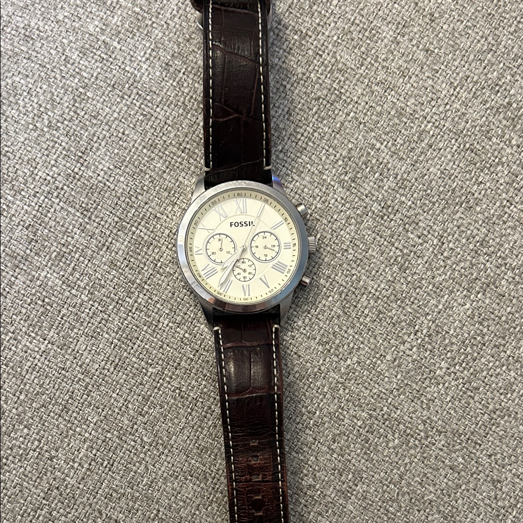 Fossil Dark Brown Leather Watch With Silver Case